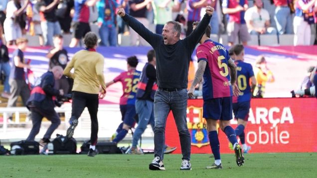 Barcelona, Spain. 11st May 2025; Estadi Olímpic Lluís Companys, Barcelona, Spain, Spanish La Liga Football, Barcelona versus Real Madrid; Hansi Flick, manager of Barcelona celebrates the 4-3 win at full time
