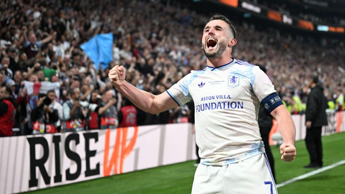 John McGinn celebrates Aston Villa's 2026 Europa League triumph.