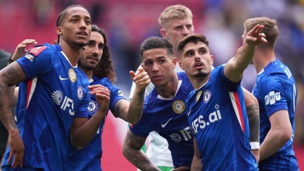 Chelsea's Joao Pedro, from left, Marc Cucurella, Enzo Fernandez and Pedro Neto speak at the the end of the FA Cup semifinal soccer match between Chelsea and Leeds in London, England, Sunday, April 26, 2026.