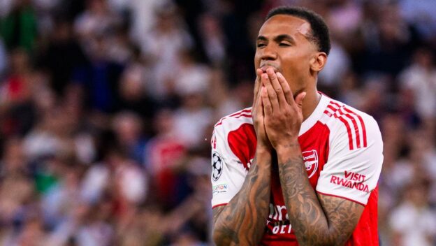 Gabriel rues his missed penalty in the 2026 Champions League final.