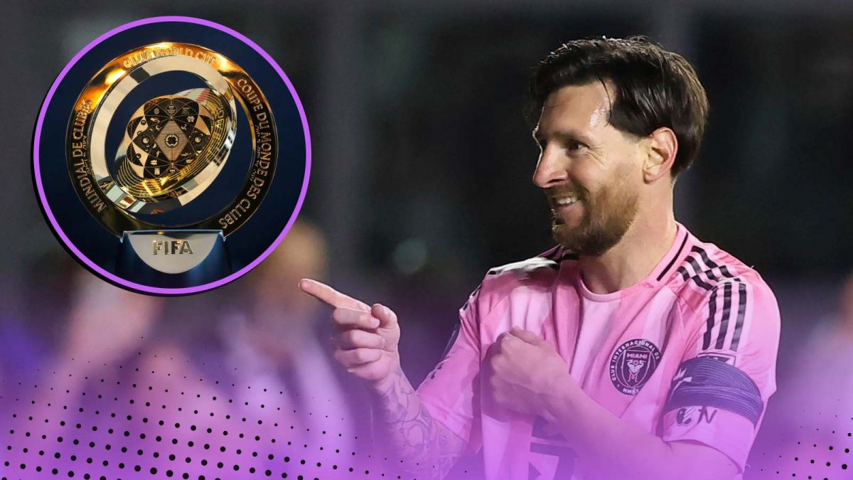 Lionel Messi of Inter Miami next to Club World Cup trophy