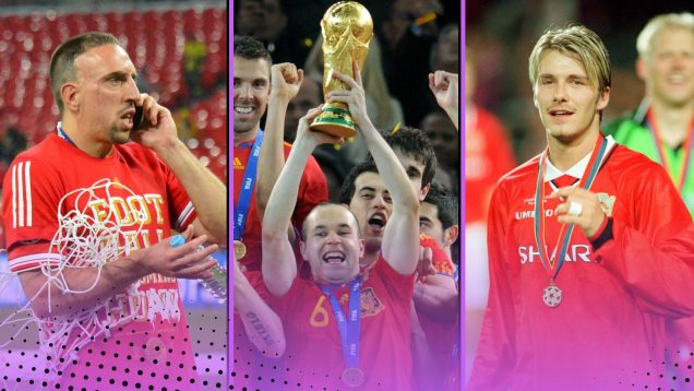 Legendary Teams that didn't have a Ballon d'Or winner featuring (L-R) Bayern Munich, Spain, Manchester United