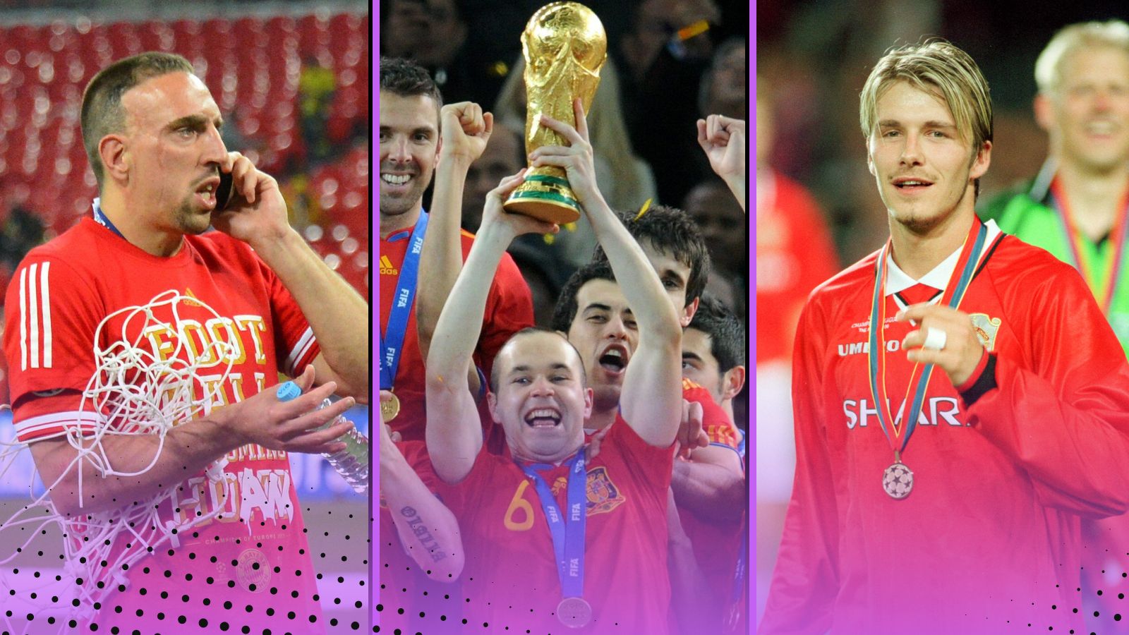 Legendary Teams that didn't have a Ballon d'Or winner featuring (L-R) Bayern Munich, Spain, Manchester United
