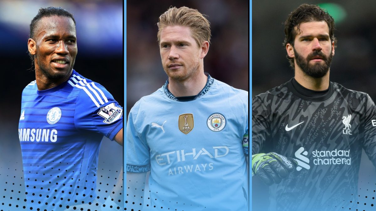 Didier Drogba, Kevin De Bruyne and Alisson Becker