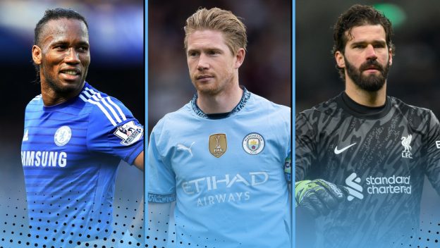 Didier Drogba, Kevin De Bruyne and Alisson Becker