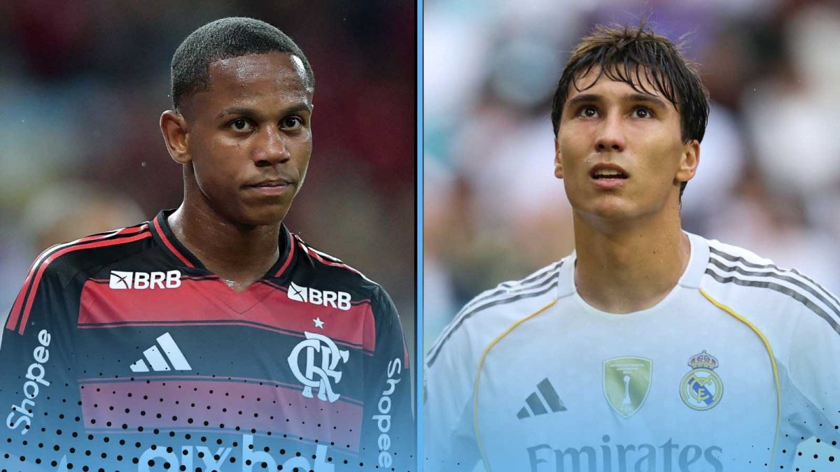 Wallace Yan of Flamengo and Gonzalo Garcia of Real Madrid