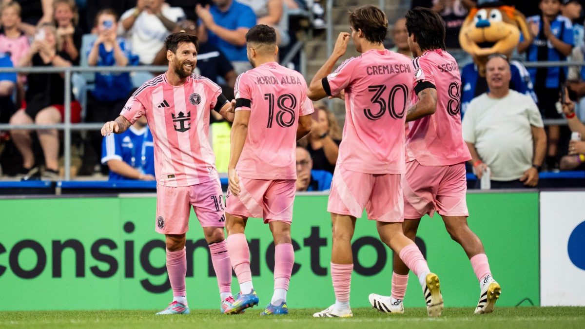 Inter Miami's Lionel Messi, left, celebrates after his goal with teammates Jordi Alba (18) Benjamin Cremaschi (30) and Telasco Segovia (8) during first-half MLS soccer match action against CF Montreal in Montreal, Saturday, July 5, 2025.