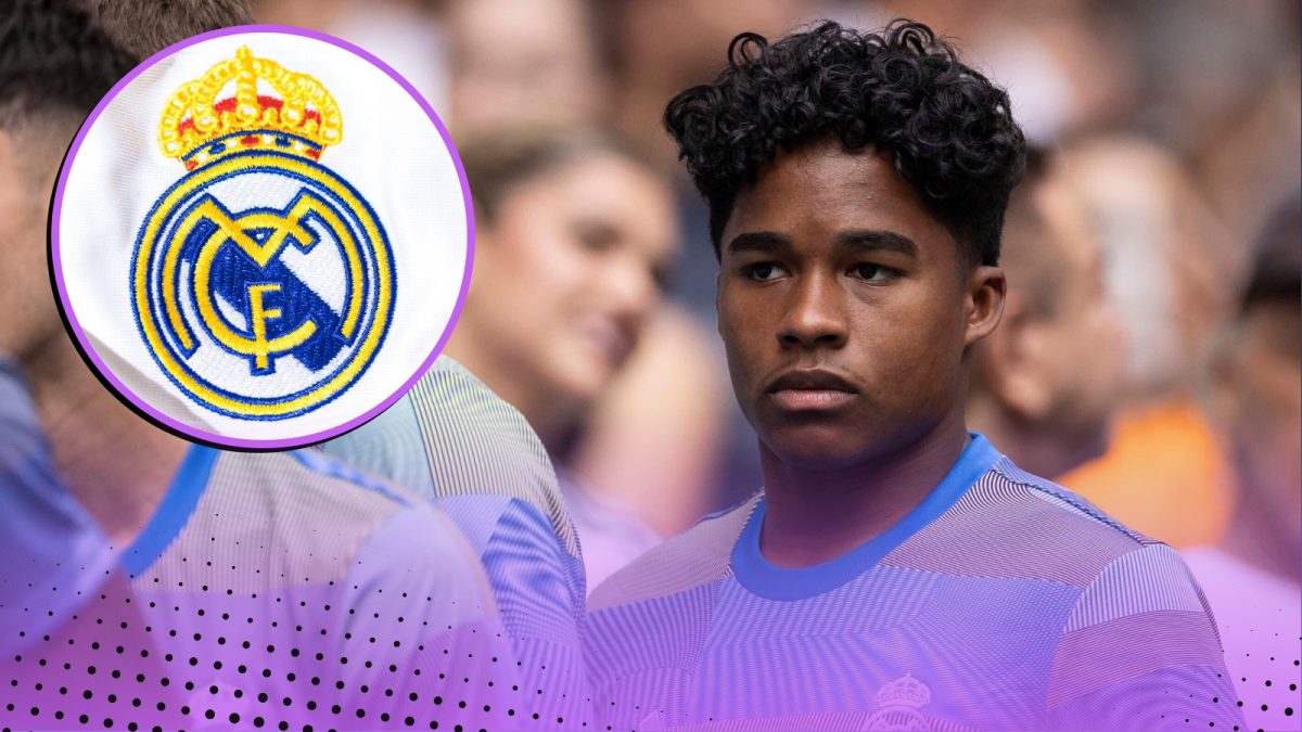 The Real Madrid badge and Endrick