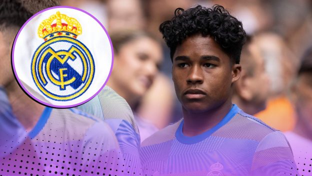 The Real Madrid badge and Endrick