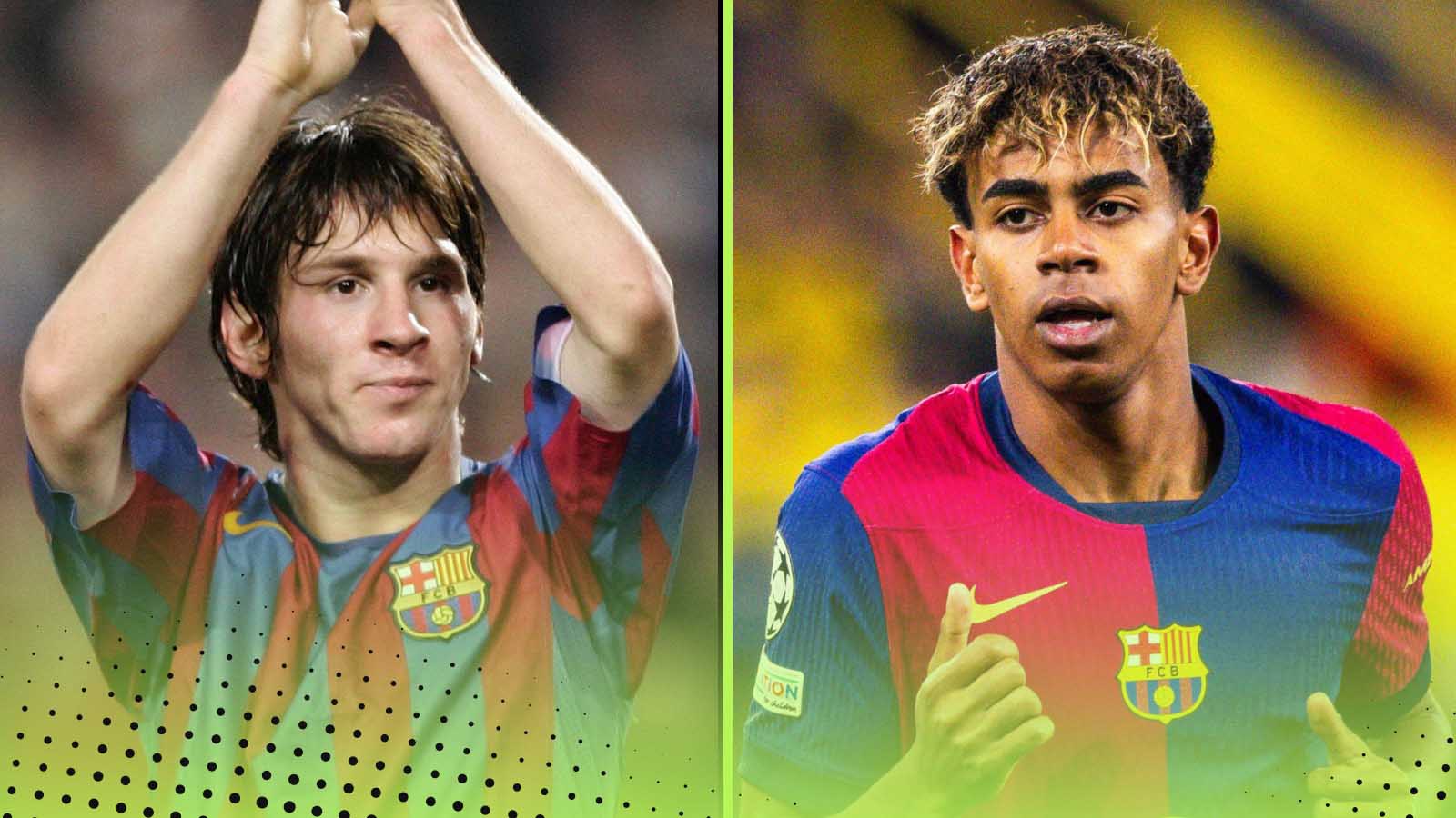 Lionel Messi and Lamine Yamal of Barcelona