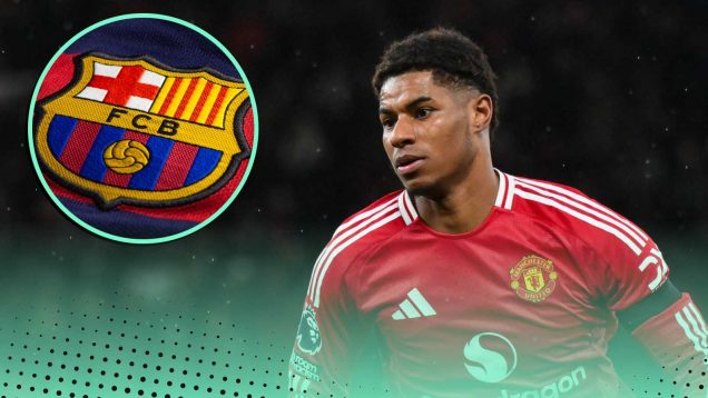 Marcus Rashford next to the Barcelona badge