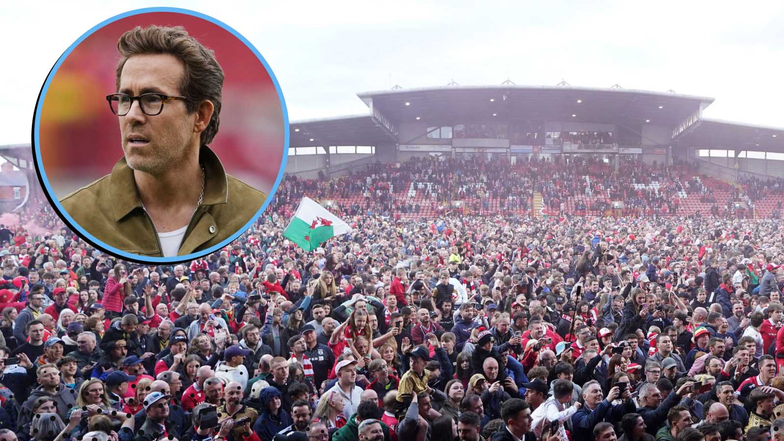 Wrexham home fans next to Ryan Reynolds