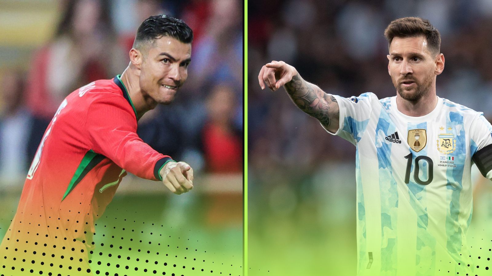 Cristiano Ronaldo (L) and Lionel Messi (R) pictured representing Portugal and Argentina - career assists records compared