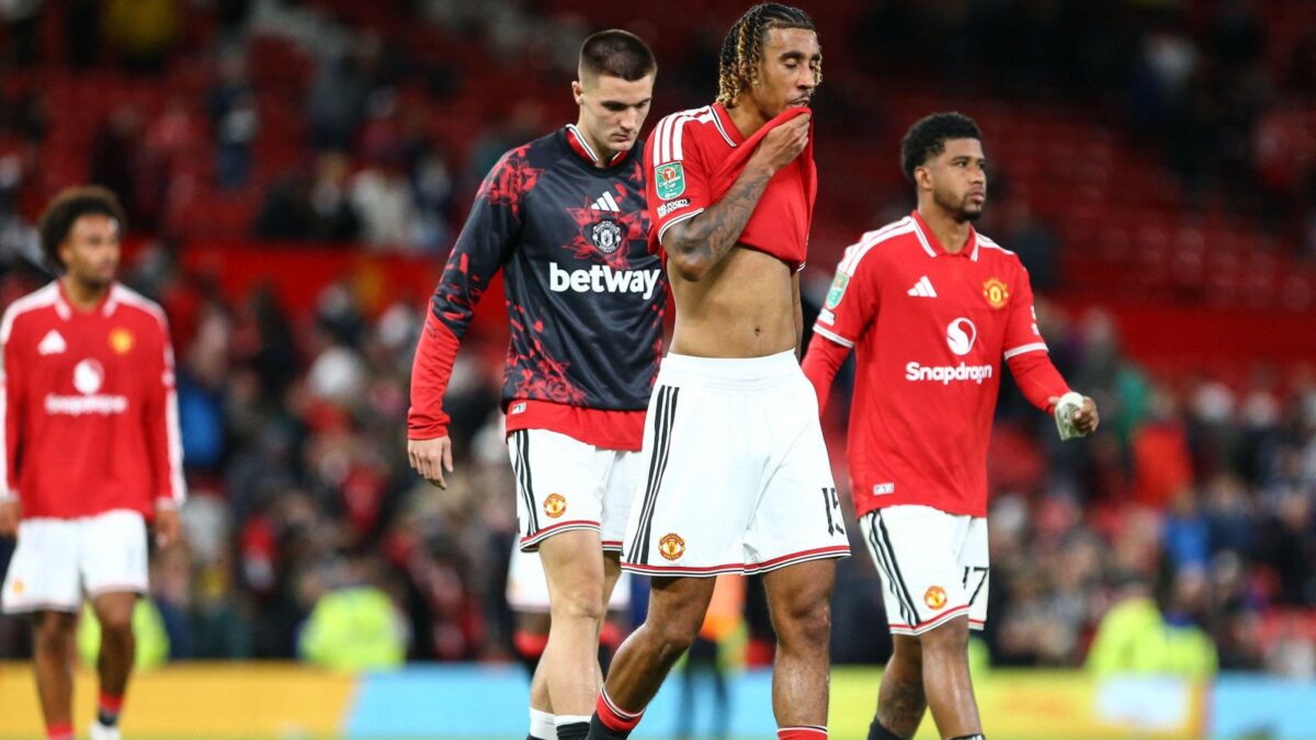 Leny Yoro of Manchester United dejects following the full time whistle of the Carabao Cup Third Round match between Manchester United and Brighton & Hove Albion at the Old Trafford on September 16, 2026 in York, England.