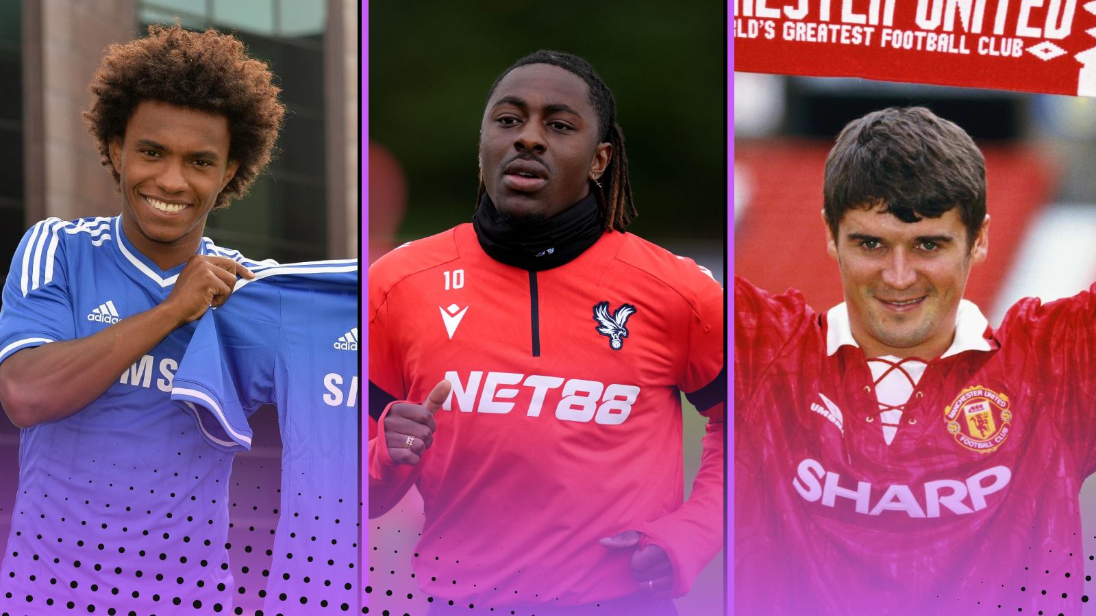 Ranking football's greatest transfer hijackings featuring (L-R) Willian to Chelsea, Eberechi Eze to Arsenal and Roy Keane to Manchester United