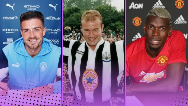 Premier League record-breaking transfers including Jack Grealish, Alan Shearer and Paul Pogba