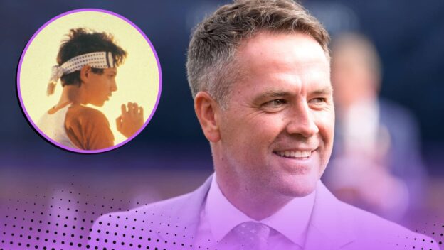 Michael Owen next to a still from Karate Kid, 1984