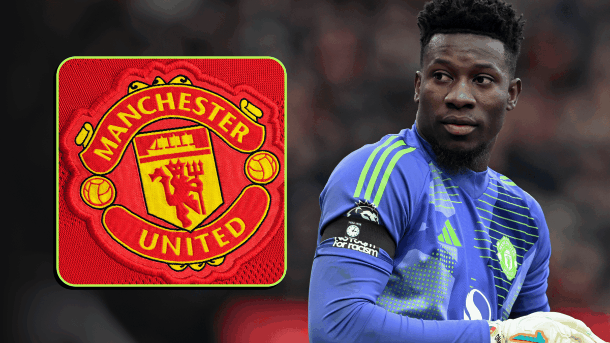 Andre Onana next to the Manchester United badge