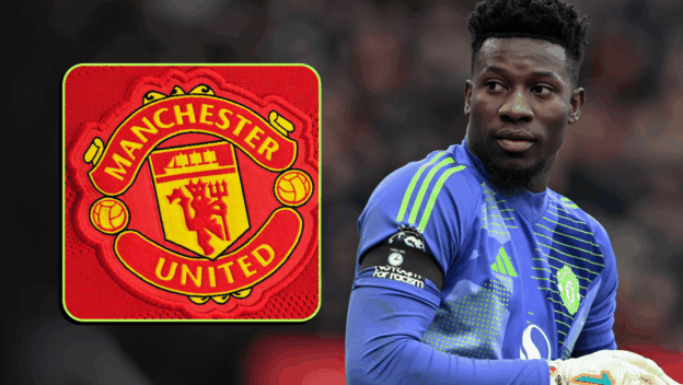 Andre Onana next to the Manchester United badge