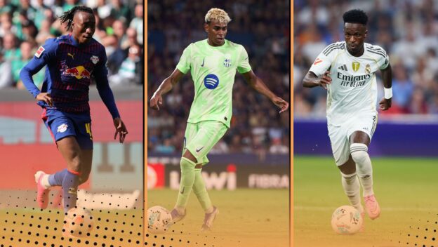 Top Dribblers Europe 2025-26 featuring RB Leipzig's Yan Diomande, Barcelona's Lamine Yamal and Real Madrid's Vinicius Junior