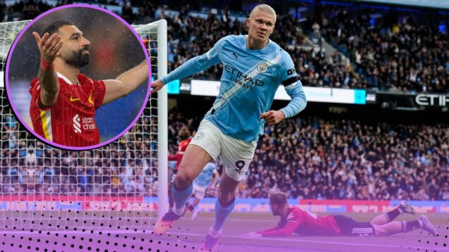 Manchester, UK. 14th Sep, 2025. Erling H?land of Manchester City celebrates his goal to make it 2-0 during the Manchester City vs Manchester United Premier League match at the Etihad Stadium, Manchester. Liverpool's Mohamed Salah pictured inset.