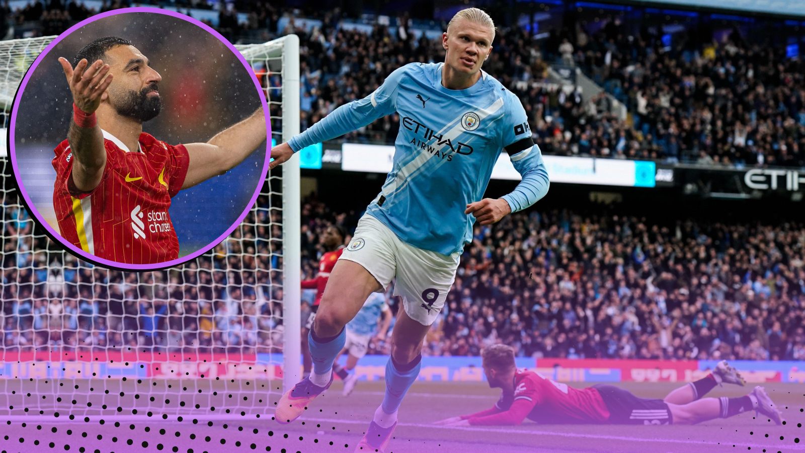 Manchester, UK. 14th Sep, 2025. Erling Håland of Manchester City celebrates his goal to make it 2-0 during the Manchester City vs Manchester United Premier League match at the Etihad Stadium, Manchester. Liverpool's Mohamed Salah pictured inset.