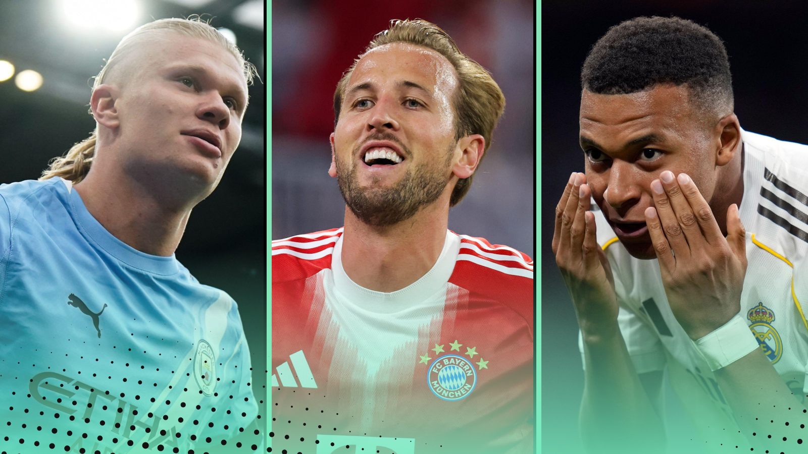 Most Goals In Europe 2025-26 featuring (L-R) Erling Haaland, Harry Kane, Kylian Mbappe