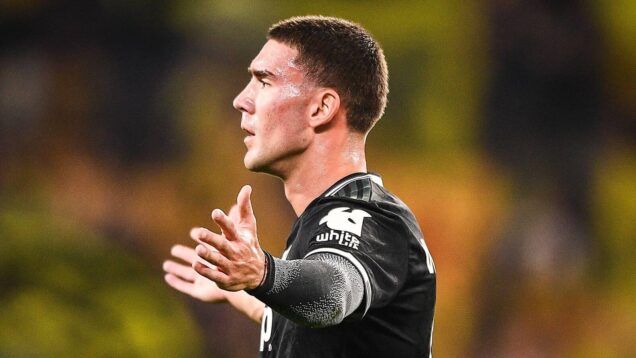 Dusan Vlahovic celebrates with his arms outstretched