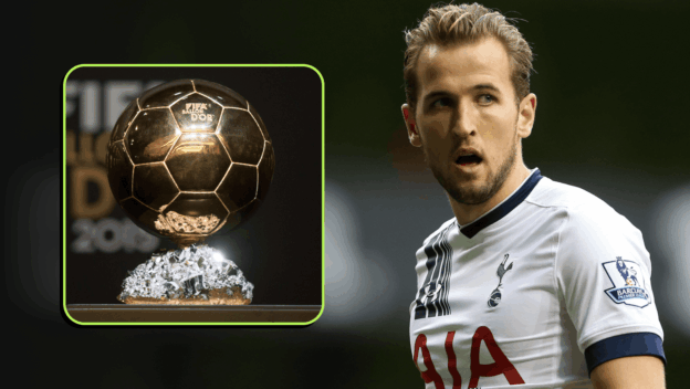 Harry Kane at Tottenham next to the Ballon d'Or trophy
