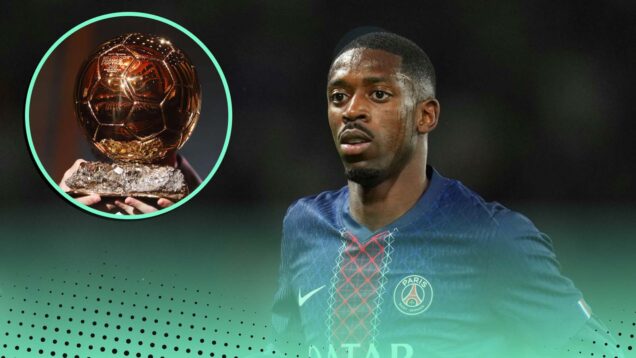 PSG's Ousmane Dembele next to Ballon d'Or