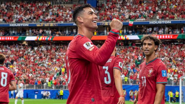 Cristiano Ronaldo celebrates scoring at the 2026 World Cup.