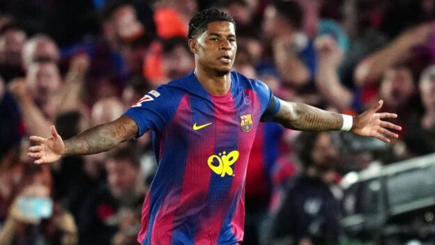 Marcus Rashford celebrates for Barcelona