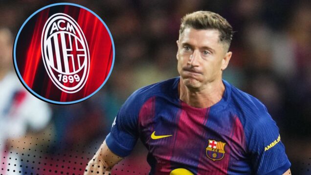 Robert Lewandowski next to the AC Milan badge