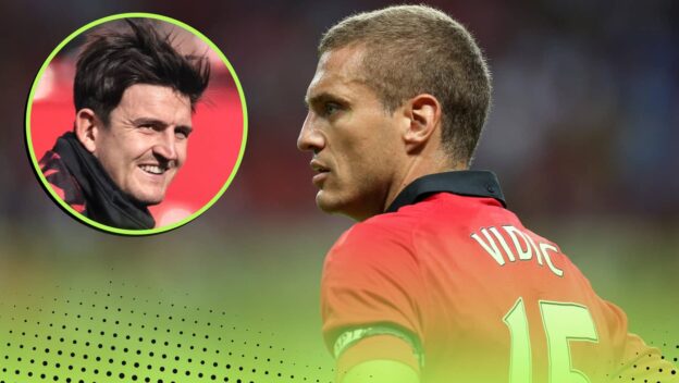 Nemanja Vidic with Harry Maguire in a circle, Manchester United