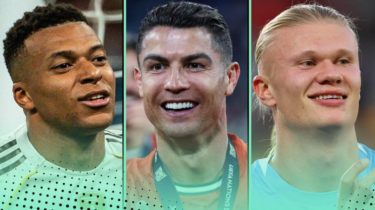 Three-way collage of Kylian Mbappe, Erling Haaland and Cristiano Ronaldo