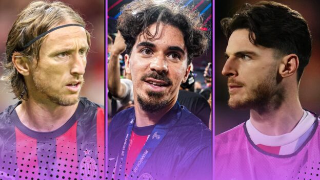 Collage of Declan Rice, Vitinha and Luka Modric