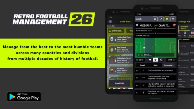 Screens from the Retro Football Management game