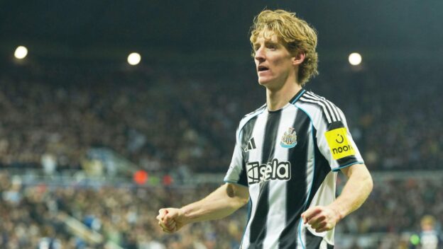 Newcastle's Anthony Gordon celebrates after scoring his side's second goal during the Champions League soccer match between Newcastle and PSV in Newcastle, England, Wednesday, Jan. 21, 2026.