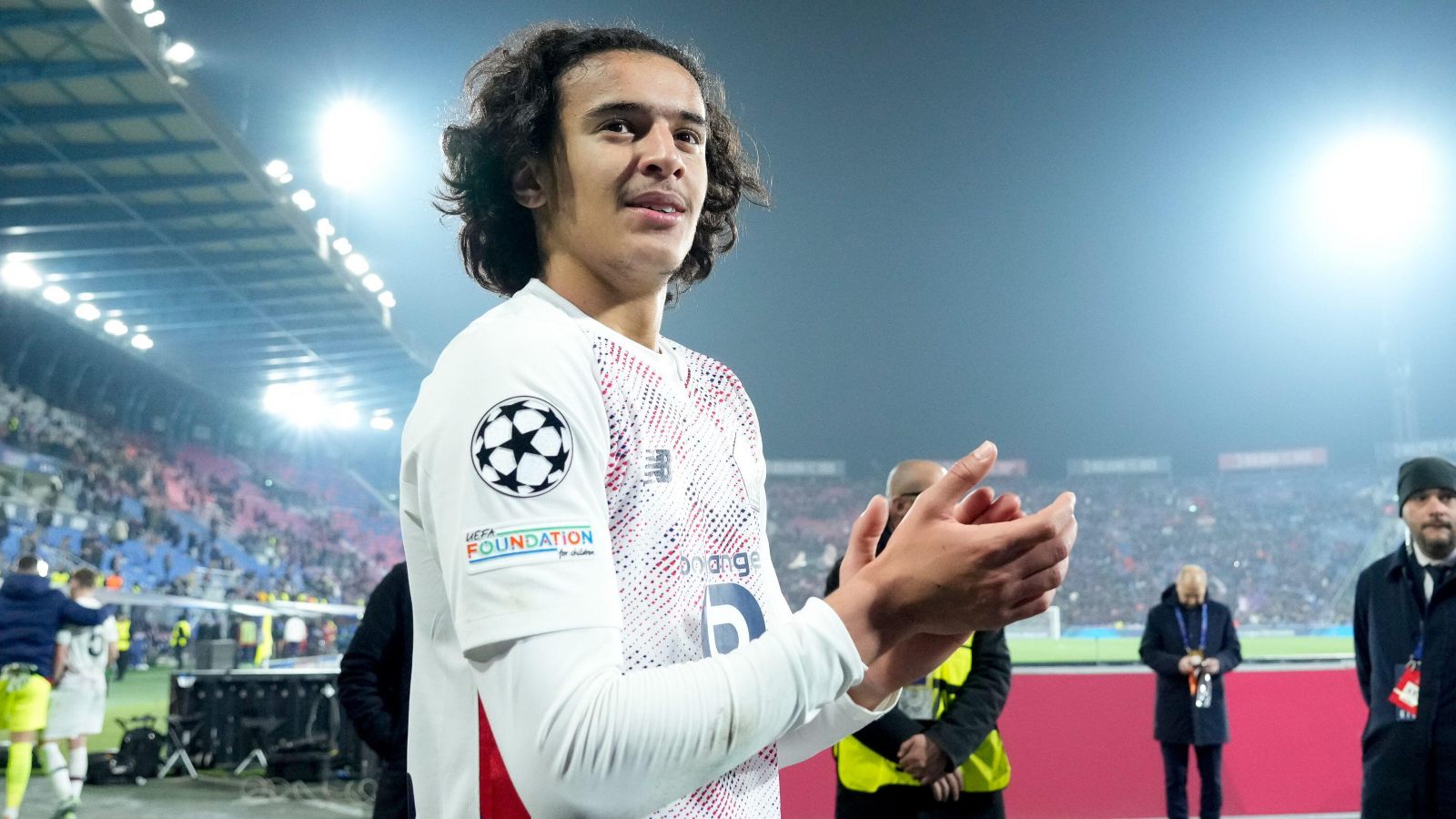Bologna, Italy. 27th Nov, 2024. Ayyoub Bouaddi of LOSC Lille celebrates the victory during the UEFA Champions League 2024/25 League Phase MD5 match between Bologna FC and LOSC Lille at Stadio Renato Dall'Ara on November 27, 2024 in Bologna, Italy.