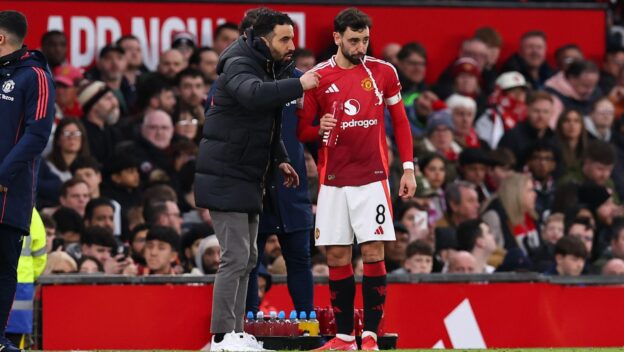 Manchester United manager Ruben Amorim gives instructions to Bruno Fernandes of Manchester United during the Manchester United FC v Fulham FC Emirates FA Cup Round 5 match at Old Trafford, Manchester, England, United Kingdom on 2 March 2025