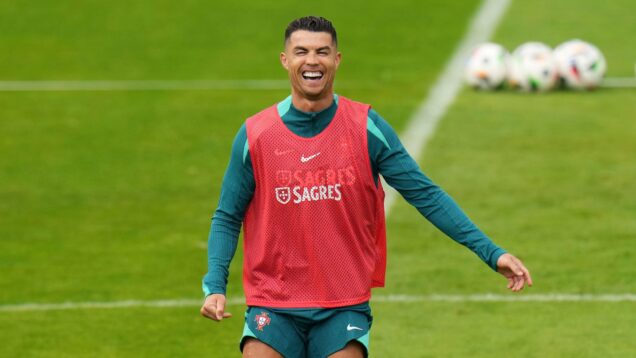 Portugal's Cristiano Ronaldo gestures during a training session in Gutersloh, Germany, Friday, June 14, 2024. Portugal will play against Czech Republic during their Group F soccer match at the Euro 2024 soccer tournament on June 18. (AP Photo/Hassan Ammar)