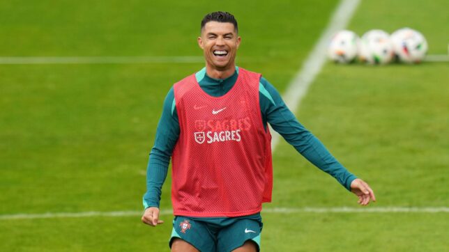 Portugal's Cristiano Ronaldo gestures during a training session in Gutersloh, Germany, Friday, June 14, 2024. Portugal will play against Czech Republic during their Group F soccer match at the Euro 2024 soccer tournament on June 18. (AP Photo/Hassan Ammar)
