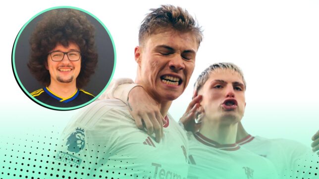 Kenilworth Road, Luton, Bedfordshire, UK. 18th Feb, 2024. Premier League Football, Luton Town versus Manchester United; Rasmus Hojlund of Manchester Utd celebrates after he scored for 0-1 in the 1st minute