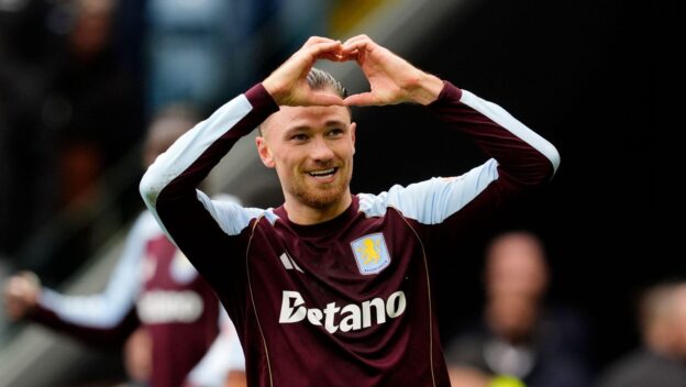 Aston Villa's Matty Cash celebrates scoring their side's first goal of the game during the Premier League match at Villa ParkBirmingham. Picture date: Saturday December 62025.