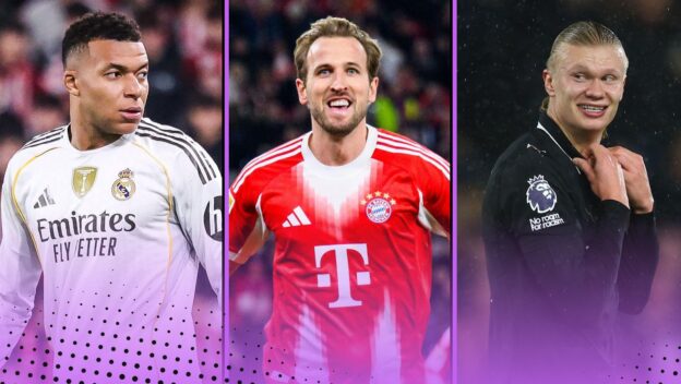 Most Goals In Europe 2025-26 featuring (L-R) Erling HaalandHarry KaneKylian Mbappe
