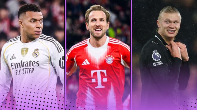 Most Goals In Europe 2025-26 featuring (L-R) Erling Haaland, Harry Kane, Kylian Mbappe