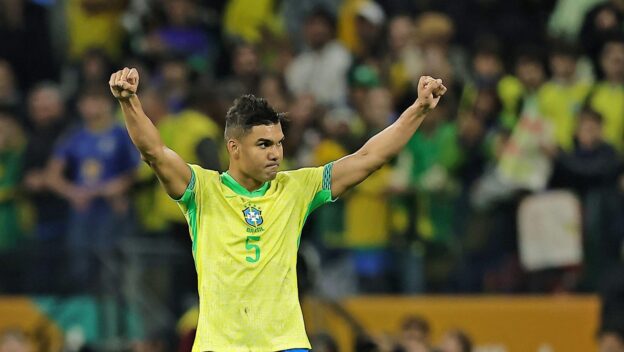 10th June 2025, Sao Paulo, Brazil: Casemiro of Brazil celebrates their victory and qualification for the 2026 FIFA World Cup, after the match between Brazil and Paraguay for the 16th round of the FIFA 2026 qualifiers, at Arena Corinthians Stadium, in Sao Paulo, Brazil