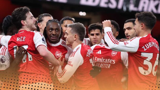 Eberechi Eze of Arsenal celebrates after scoring to make it 2-0 during the Arsenal vs Tottenham