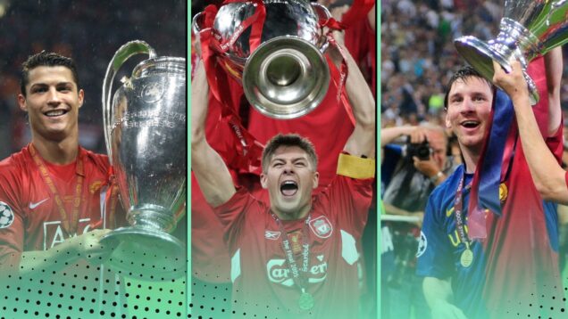 Champions League Nostalgia Quiz 2000s featuring Cristiano Ronaldo, Man Utd, Steven Gerrard, Liverpool, Lionel Messi, Barcelona