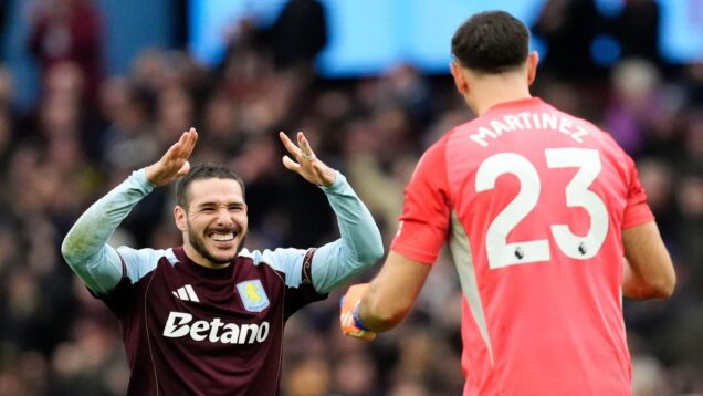Aston Villa's Emi Buendia celebrates with goalkeeper Emiliano Martinez after the final whistle following the Premier League match at Villa Park, Birmingham. Picture date: Saturday December 6, 2025.